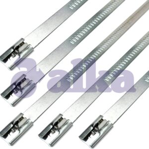 Close-up of ladder-style stainless steel cable tie used for securing cables in industrial environments