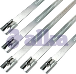 Close-up of ladder-style stainless steel cable tie used for securing cables in industrial environments