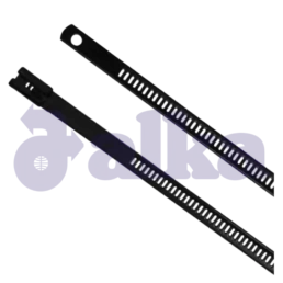 Close-up of coated ladder-style stainless steel cable tie used for securing cables in industrial environments